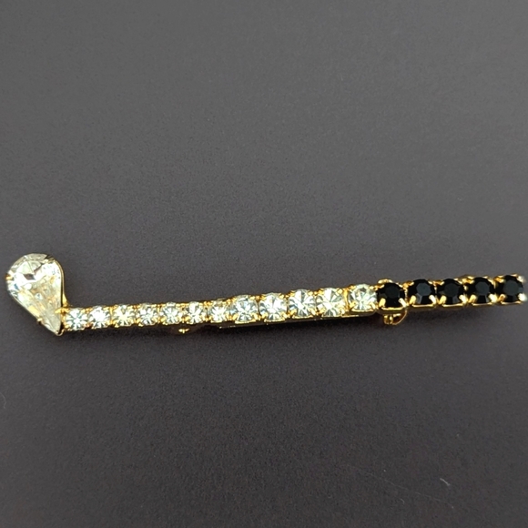 Vintage Rhinestone Golf Club Brooch Gold Toned Sparkling Clear and Black Pin - Picture 1 of 5
